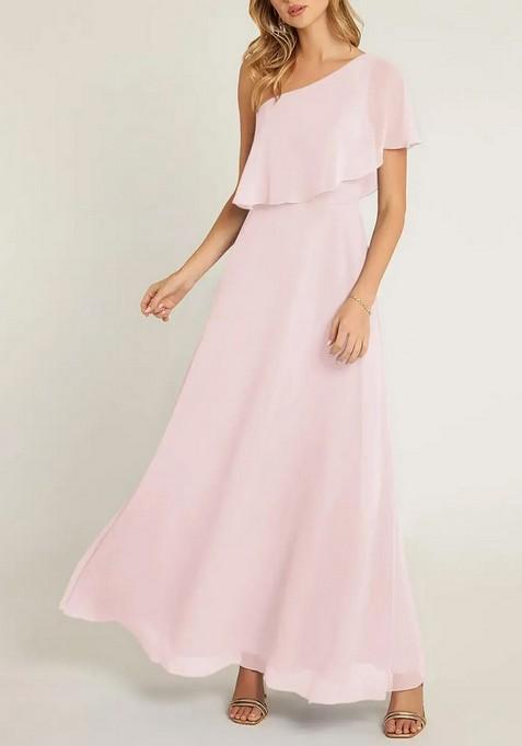 Blush Pink A-Line One Shoulder Chiffon Gown