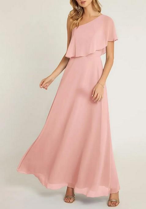 Light Pink A-Line One Shoulder Chiffon Gown