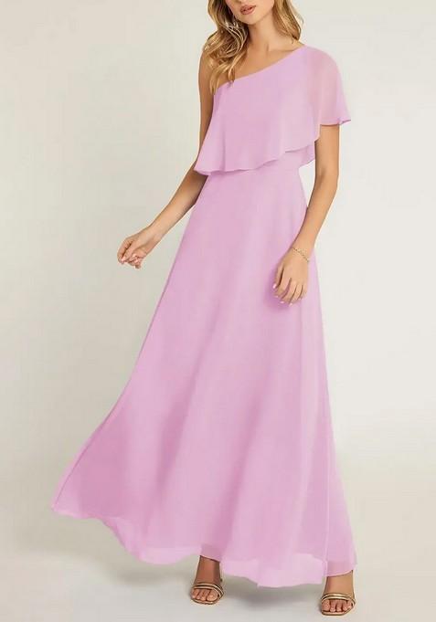 Candy Pink A-Line One Shoulder Chiffon Gown