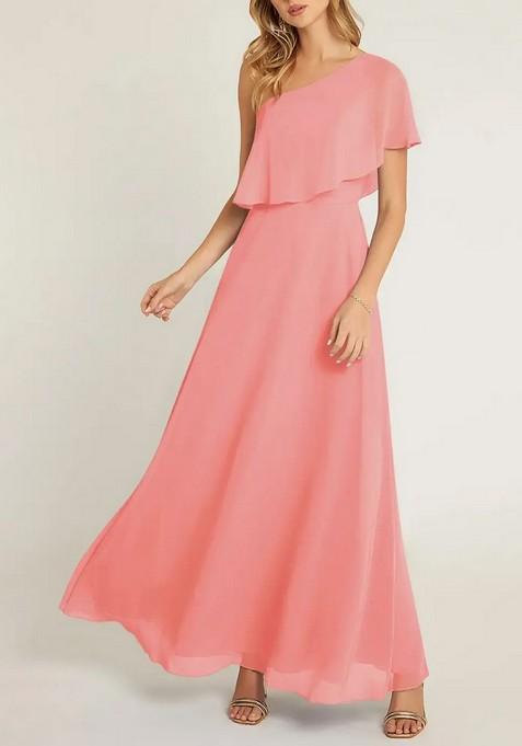 Coral A-Line One Shoulder Chiffon Gown