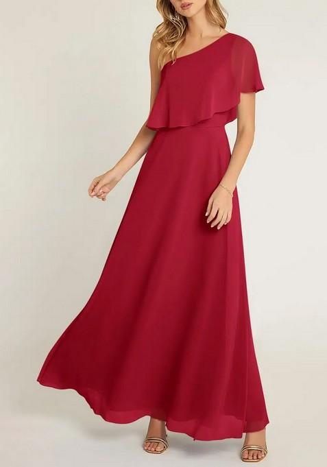 Bright Red A-Line One Shoulder Chiffon Gown