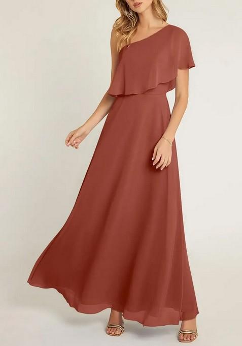 Brown A-Line One Shoulder Chiffon Gown