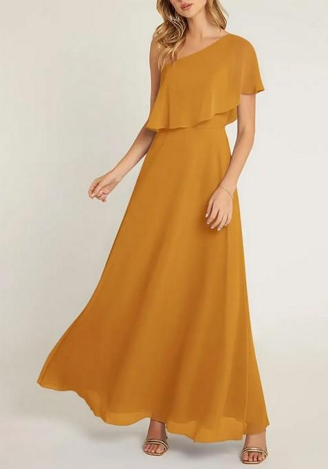 Mustard A-Line One Shoulder Chiffon Gown