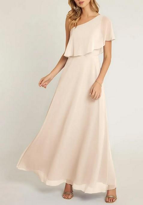 White Alabaster A-Line One Shoulder Chiffon Gown