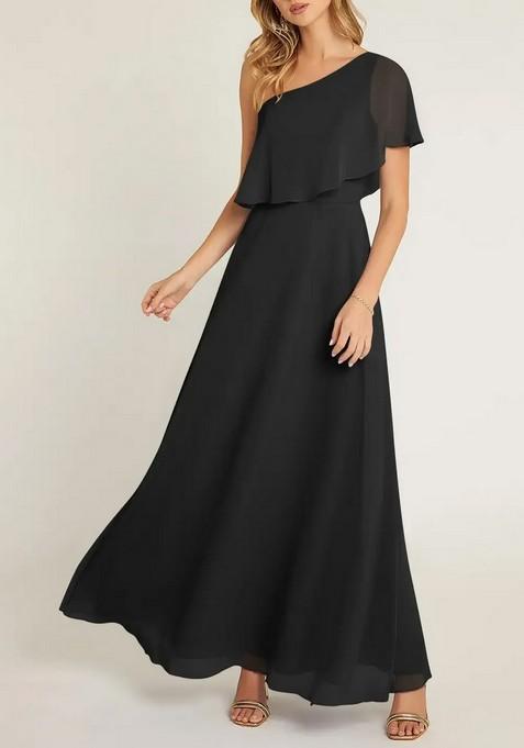 Black A-Line One Shoulder Chiffon Gown