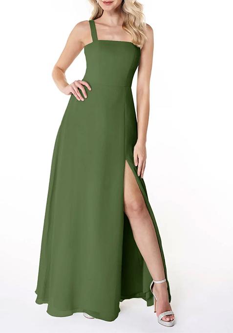 Olive Flowy Square Neck Side Slit Chiffon Gown