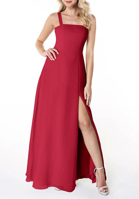 Bright Red Flowy Square Neck Side Slit Chiffon Gown