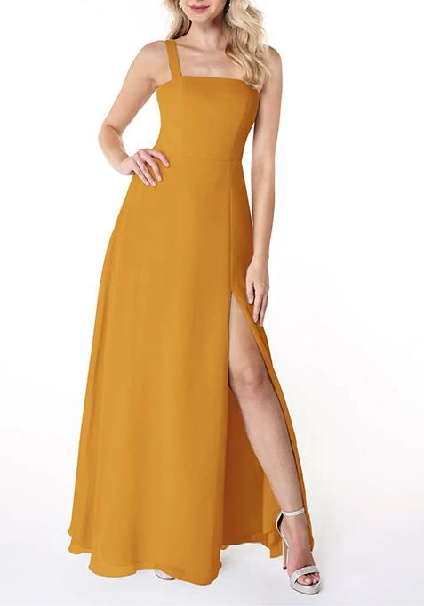 Mustard Flowy Square Neck Side Slit Chiffon Gown