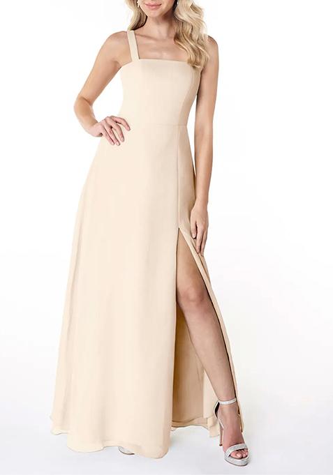 White Alabaster Flowy Square Neck Side Slit Chiffon Gown