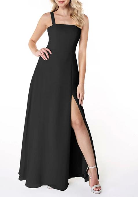 Black Flowy Square Neck Side Slit Chiffon Gown