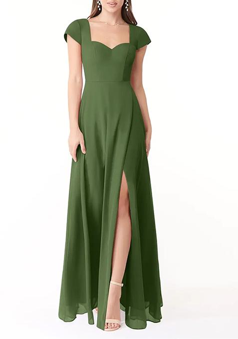 Olive Flowy Sweetheart Neck Chiffon Gown