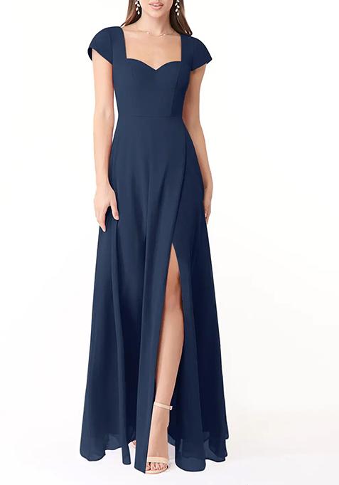 Dark Navy Flowy Sweetheart Neck Chiffon Gown