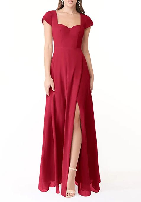 Bright Red Flowy Sweetheart Neck Chiffon Gown