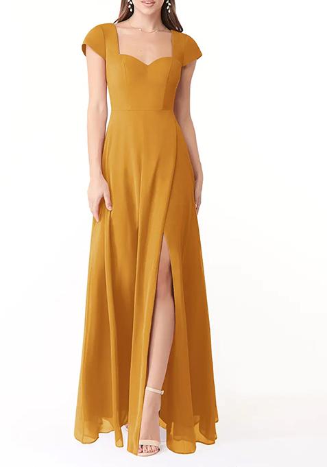 Mustard Flowy Sweetheart Neck Chiffon Gown