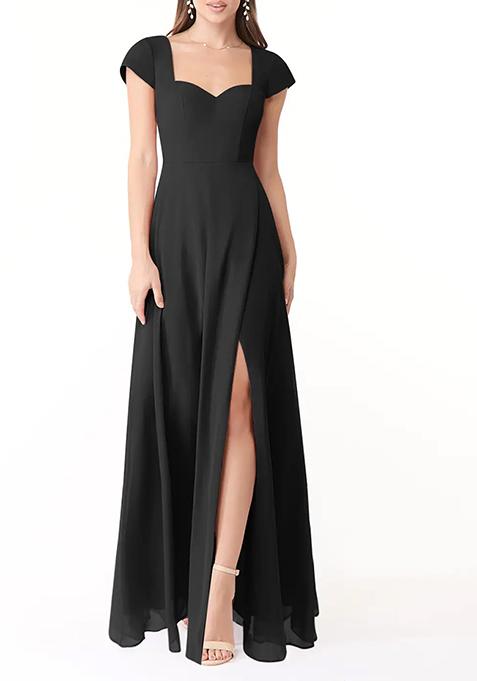 Black Flowy Sweetheart Neck Chiffon Gown