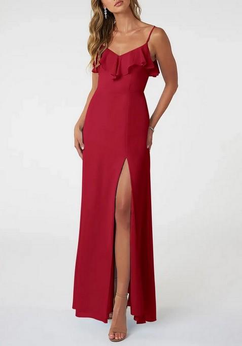 Bright Red A-Line Chiffon Gown