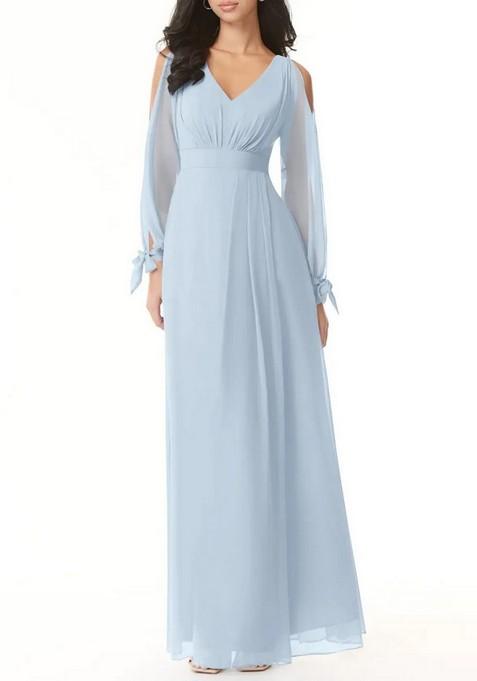 Sky Blue Flowy Long Sleeve Chiffon Gown