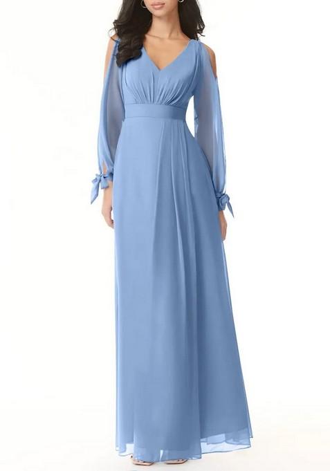 Steel Blue Flowy Long Sleeve Chiffon Gown