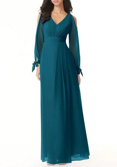 Ink Blue Flowy Long Sleeve Chiffon Gown