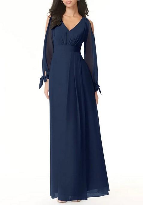 Dark Navy Flowy Long Sleeve Chiffon Gown