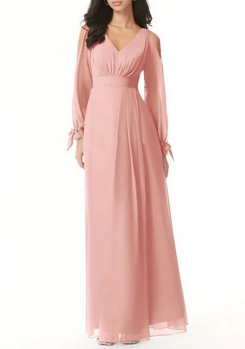 Light Pink Flowy Long Sleeve Chiffon Gown