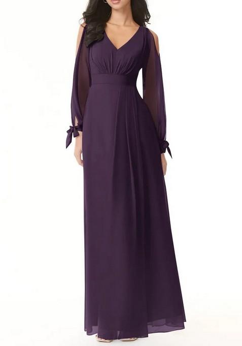 Purple Flowy Long Sleeve Chiffon Gown