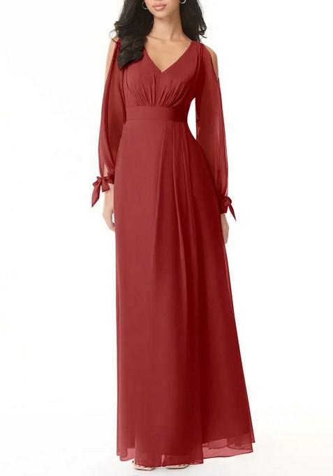 Rust Flowy Long Sleeve Chiffon Gown