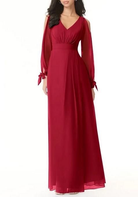 Bright Red Flowy Long Sleeve Chiffon Gown