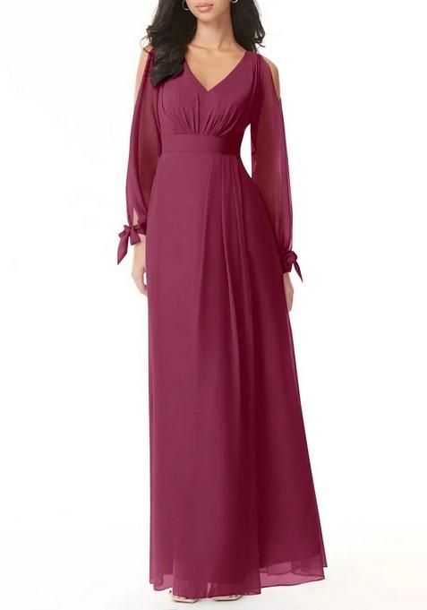 Purple Flowy Long Sleeve Chiffon Gown