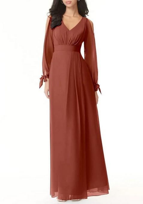 Brown Flowy Long Sleeve Chiffon Gown