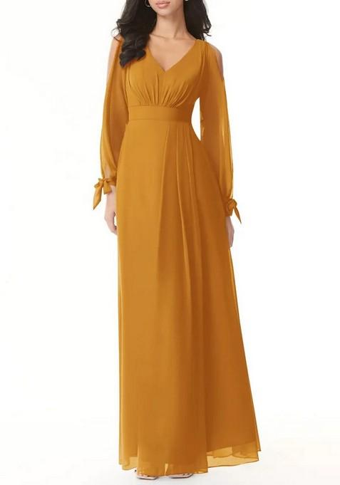 Mustard Flowy Long Sleeve Chiffon Gown