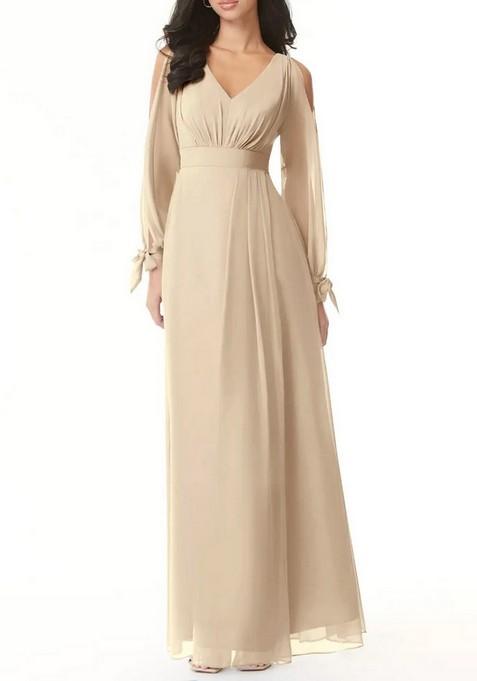 Cream Flowy Long Sleeve Chiffon Gown