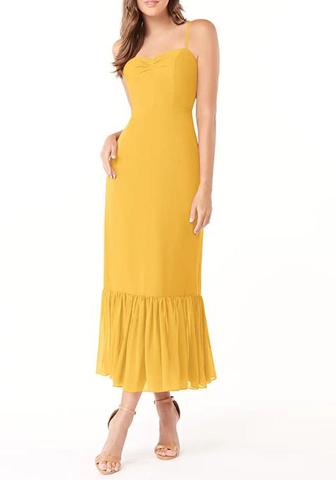 Yellow Flowy Sweetheart Neck Chiffon Gown