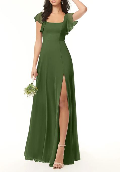 Olive A-Line Ruffled Chiffon Gown