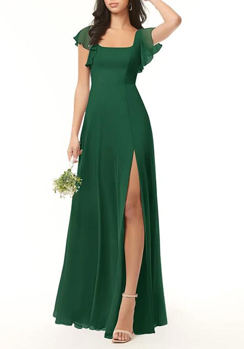 Dark Green A-Line Ruffled Chiffon Gown