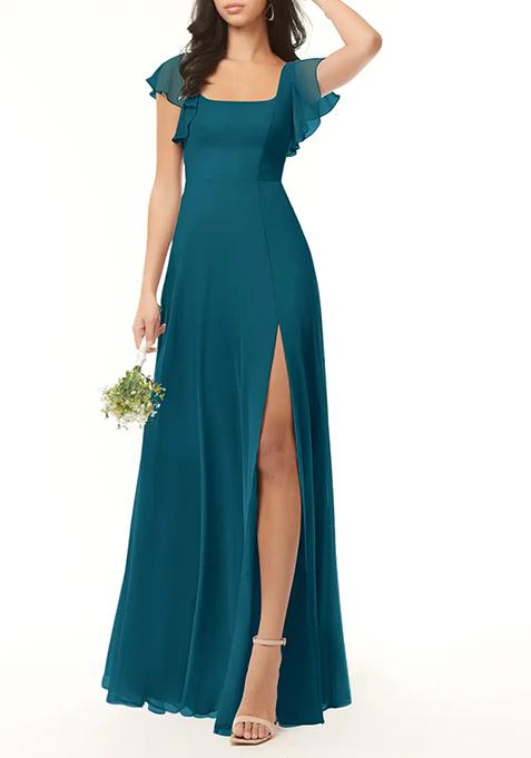 Ink Blue A-Line Ruffled Chiffon Gown