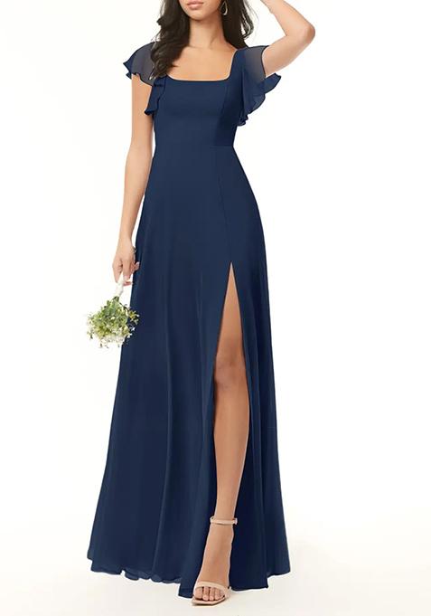 Dark Navy A-Line Ruffled Chiffon Gown