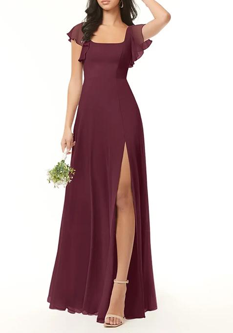 Purple A-Line Ruffled Chiffon Gown