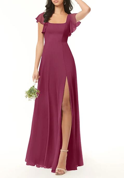 Purple A-Line Ruffled Chiffon Gown