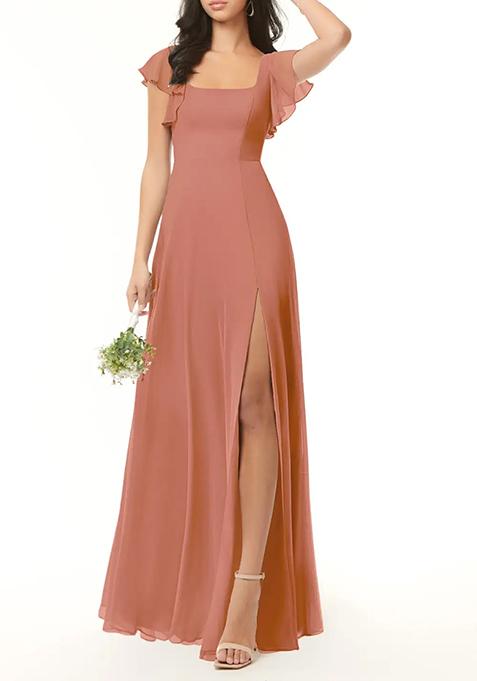 Light Brown A-Line Ruffled Chiffon Gown