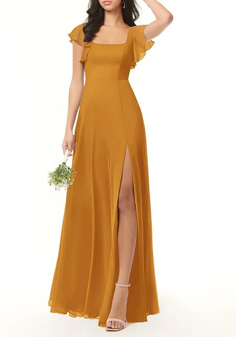 Mustard A-Line Ruffled Chiffon Gown