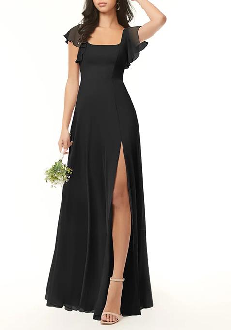 Black A-Line Ruffled Chiffon Gown