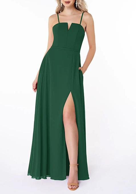 Dark Green Flowy with Pockets Chiffon Gown