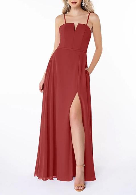 Rust Flowy with Pockets Chiffon Gown