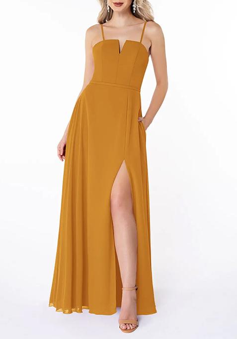 Mustard Flowy with Pockets Chiffon Gown