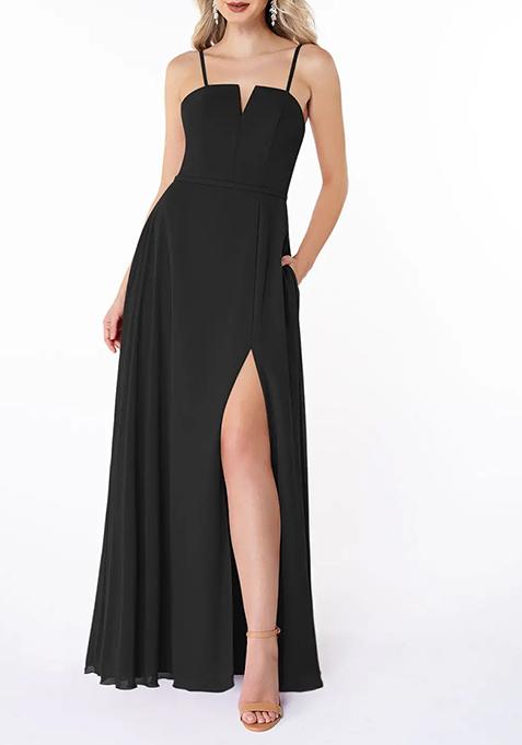 Black Flowy with Pockets Chiffon Gown