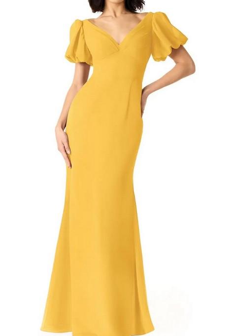 Yellow Fitted Pleated Chiffon Gown