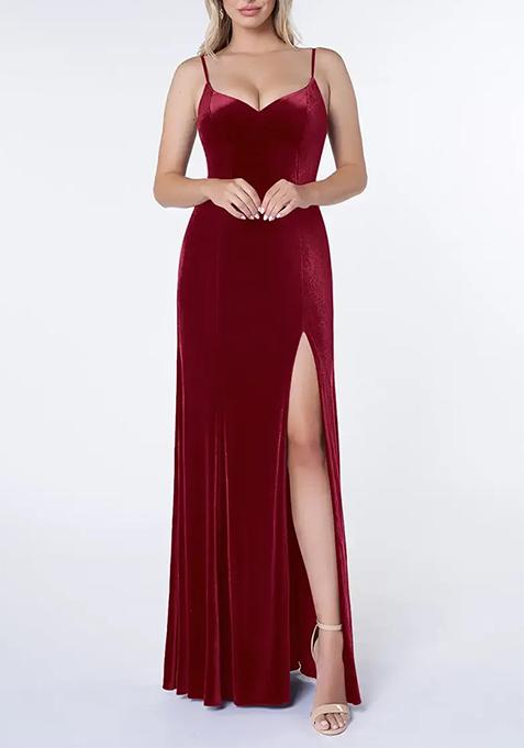 Burgundy  Fitted V-Neck Stretch Velvet Gown