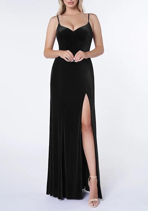 Black Fitted V-Neck Stretch Velvet Gown