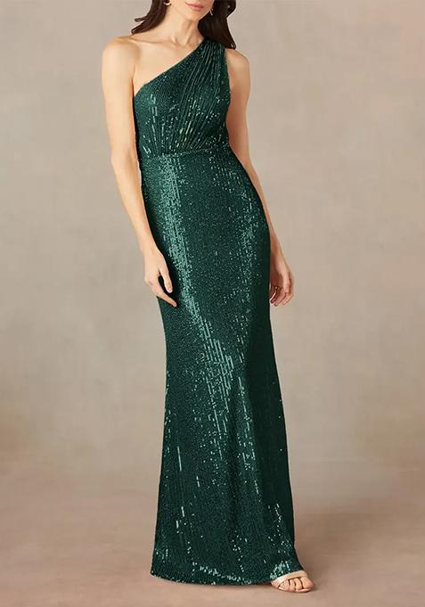 Dark Green A-Line Asymmetrical Neckline Stretchable Sequin Mesh Gown